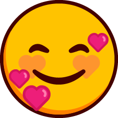 A grinning emoji with closed happy eyes and heart shaped blushing cheeks, with pink hearts around the face.