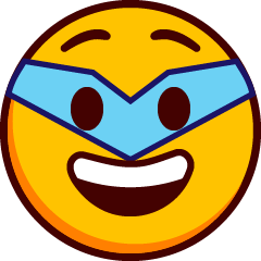 A smiling emoji with an open mouth and raised eyebrows, with a super hero style mask over its eyes.