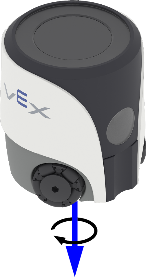 A VEX sensor device is shown with three labeled colored arrows indicating its rotational axes. A red arrow labeled Pitch points diagonally upward to the left, a green arrow labeled Roll points diagonally upward to the right, and a blue arrow labeled Yaw points directly downward from the center.