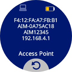 A circular screen displaying Access Point details on the VEX AIM. The screen lists the MAC address, robot name, Wi-Fi SSID, and IP address 192.168.4.1 in white text on a solid dark blue background. A curved arrow at the bottom indicates a back or return function.