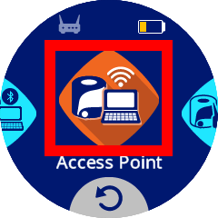 A circular screen on the VEX AIM interface with the Access Point tile in the center, showing a check mark in a green circle at the bottom of the screen. The tile has a white icon of a robot and laptop connected by signal on an orange diamond, indicating Access Point mode is selected.