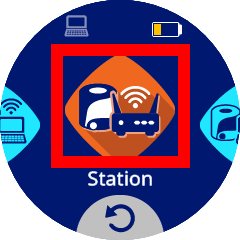 A circular screen on the VEX AIM interface with the Access Point tile in the center, showing a check mark in a green circle at the bottom of the screen. The tile has a white icon of a robot and laptop connected by signal on an orange diamond, indicating Access Point mode is selected.