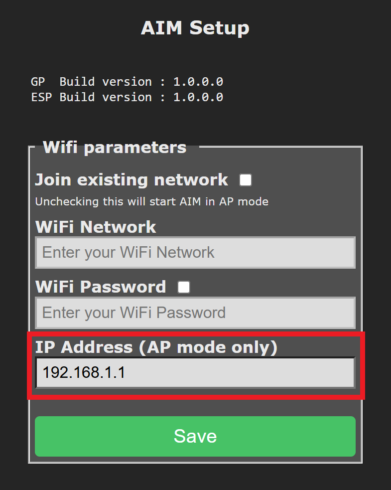 The AIM Setup screen shows version numbers at the top and includes a section titled WiFi parameters. The field labeled IP Address (AP mode only) is highlighted and contains the address 192.165.5.1.
