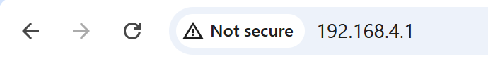 A browser address bar displays the IP address 192.168.4.1 with a warning labeled Not secure, indicating a lack of HTTPS encryption for the connection.