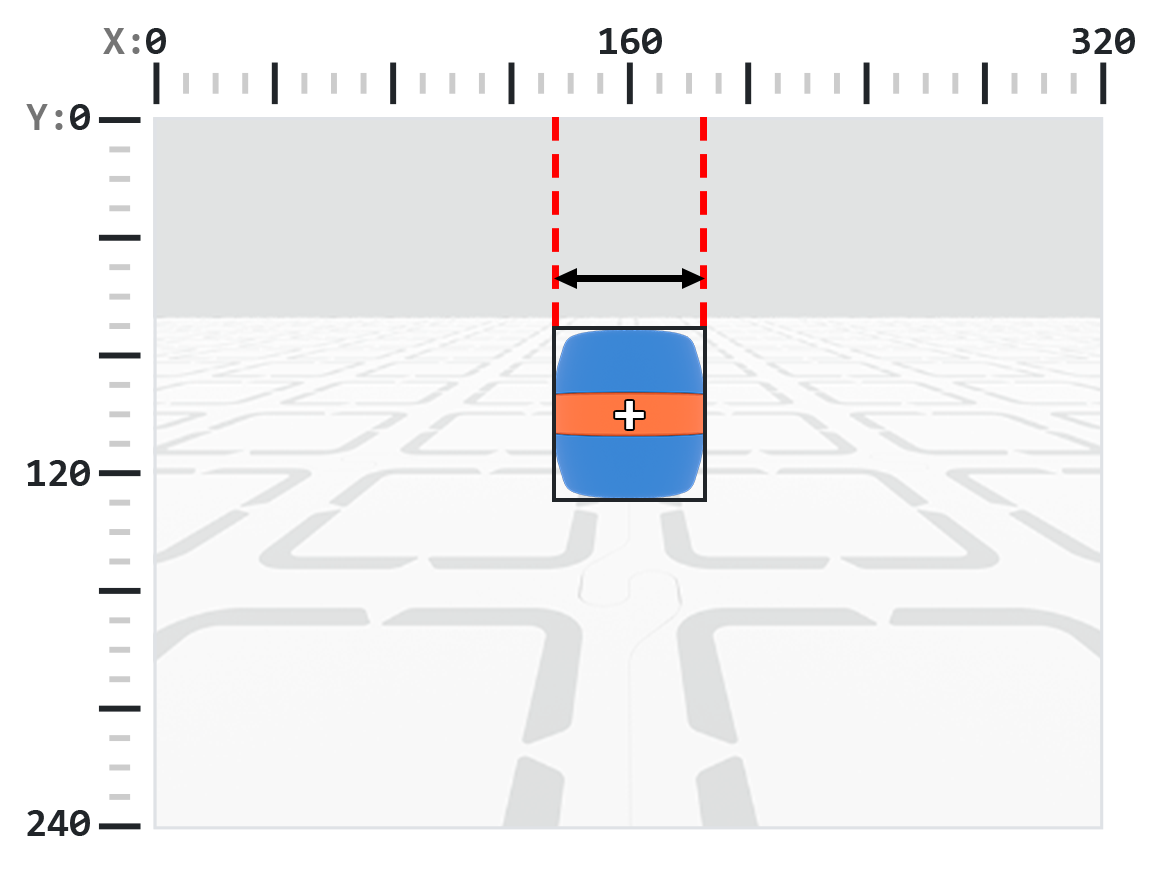 A blue barrel with an orange stripe is centered in the frame, surrounded by a black bounding box. Two vertical red dashed lines extend from the top of the frame down to the left and right edges of the bounding box. A double-headed black arrow between these lines indicates the width measurement.