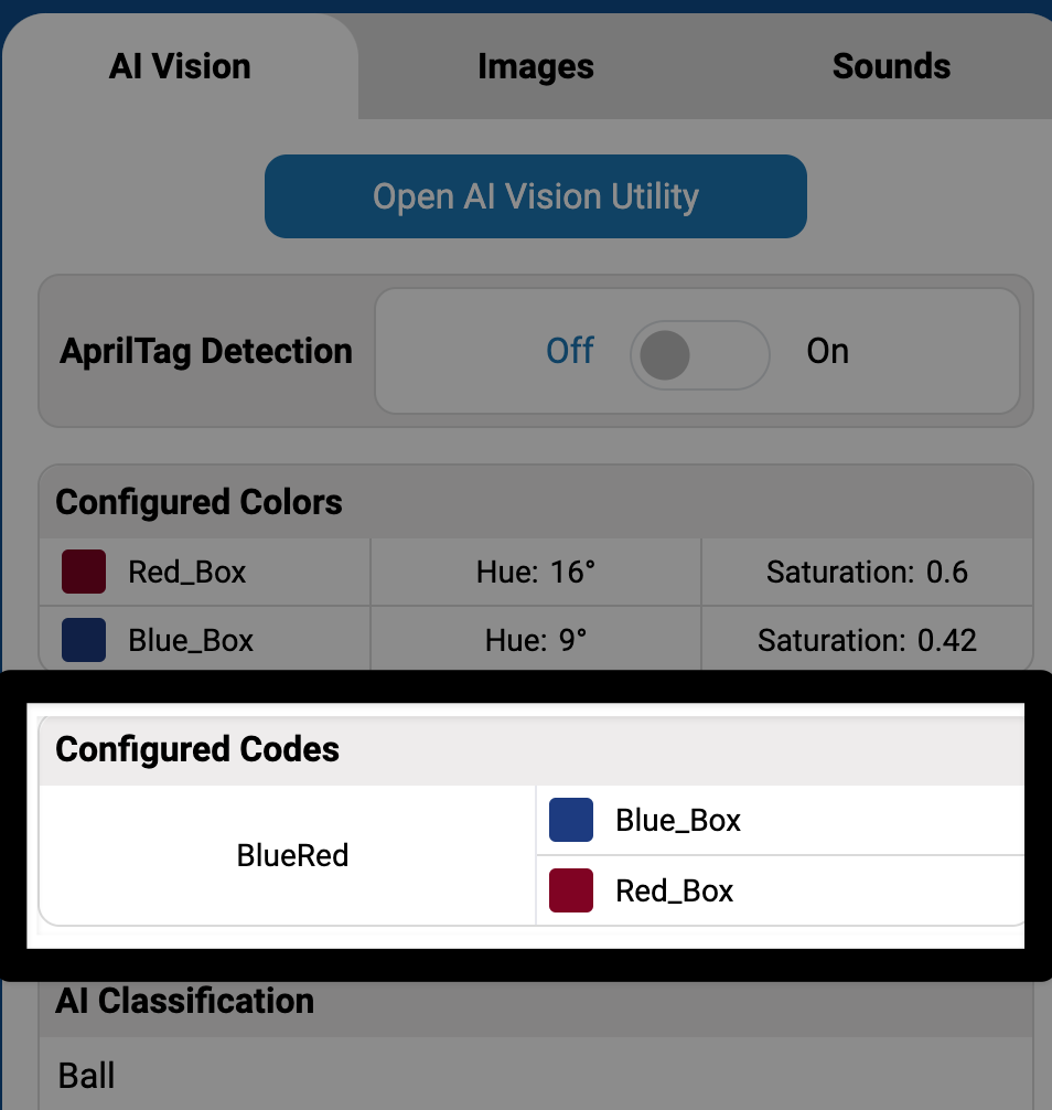Zoomed in view of the Control Panel in VEXcode AIM with a highlight around the Color Codes section. Within is a row that matches the color code configured.