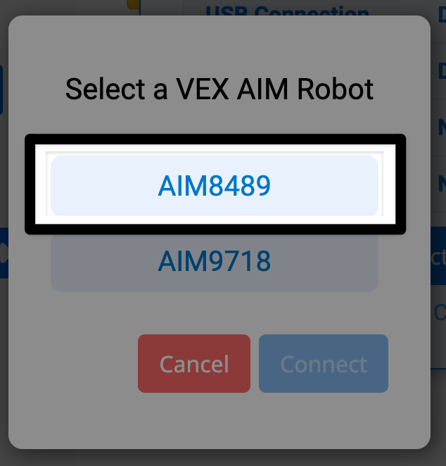 A prompt reads "Select a VEX AIM Robot" and shows two options. The top option reading AIM8489 is highlighted.