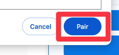 The Pair button at the bottom of the dialog box is shown and highlighted, indicating what to select to connect to the robot.