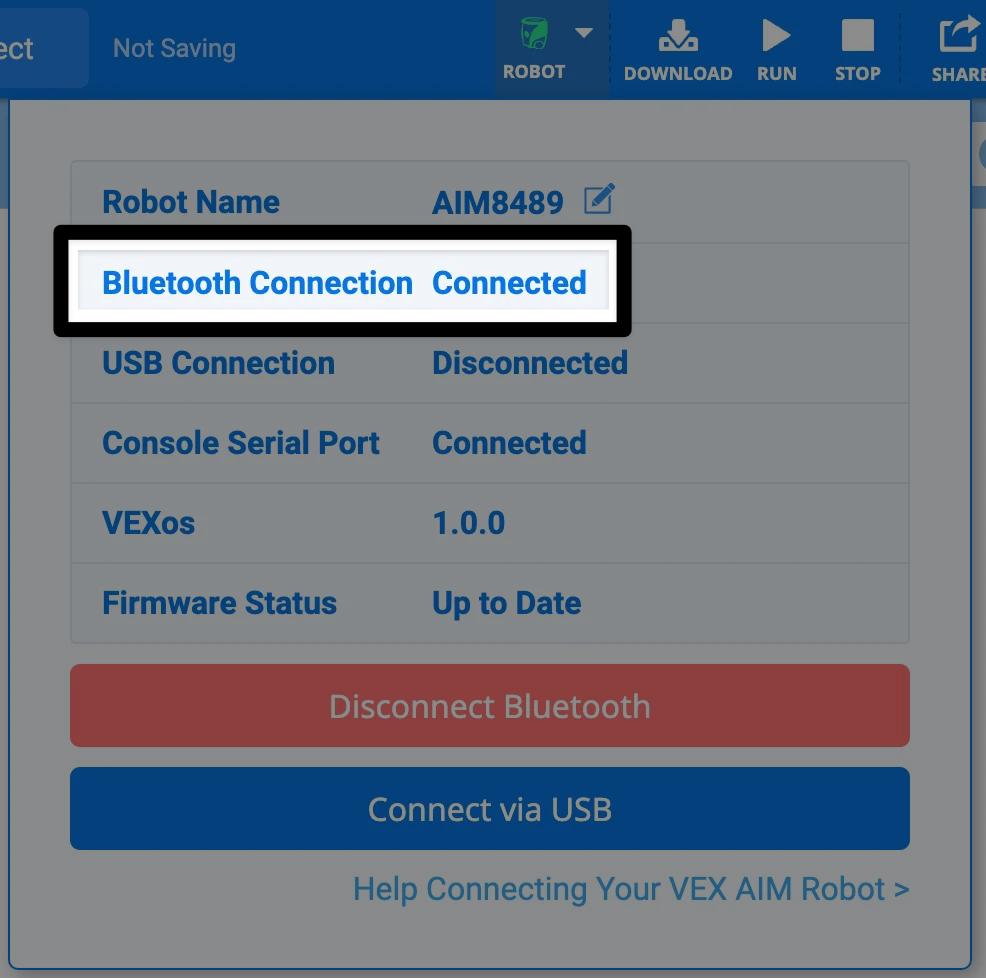 A screenshot of the upper right corner of the VEXcode AIM Toolbar, with the Robot icon showing green, and the dialog open with the Bluetooth Connection line reading Connected highlighted.