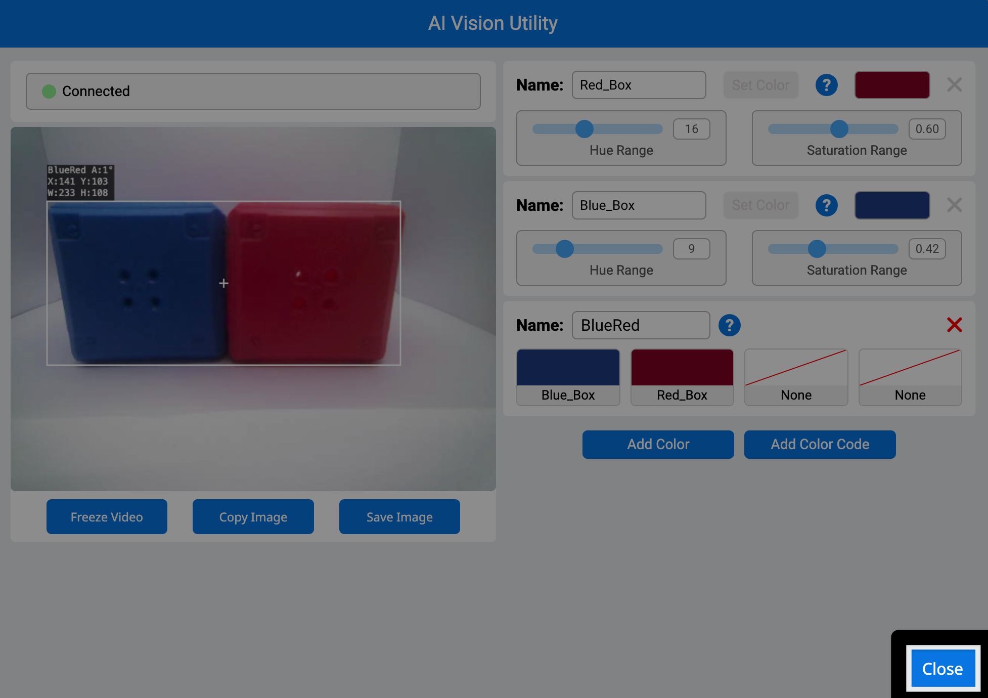 Screenshot of the same AI Vision Utility with a highlight on the close button in the bottom right corner.