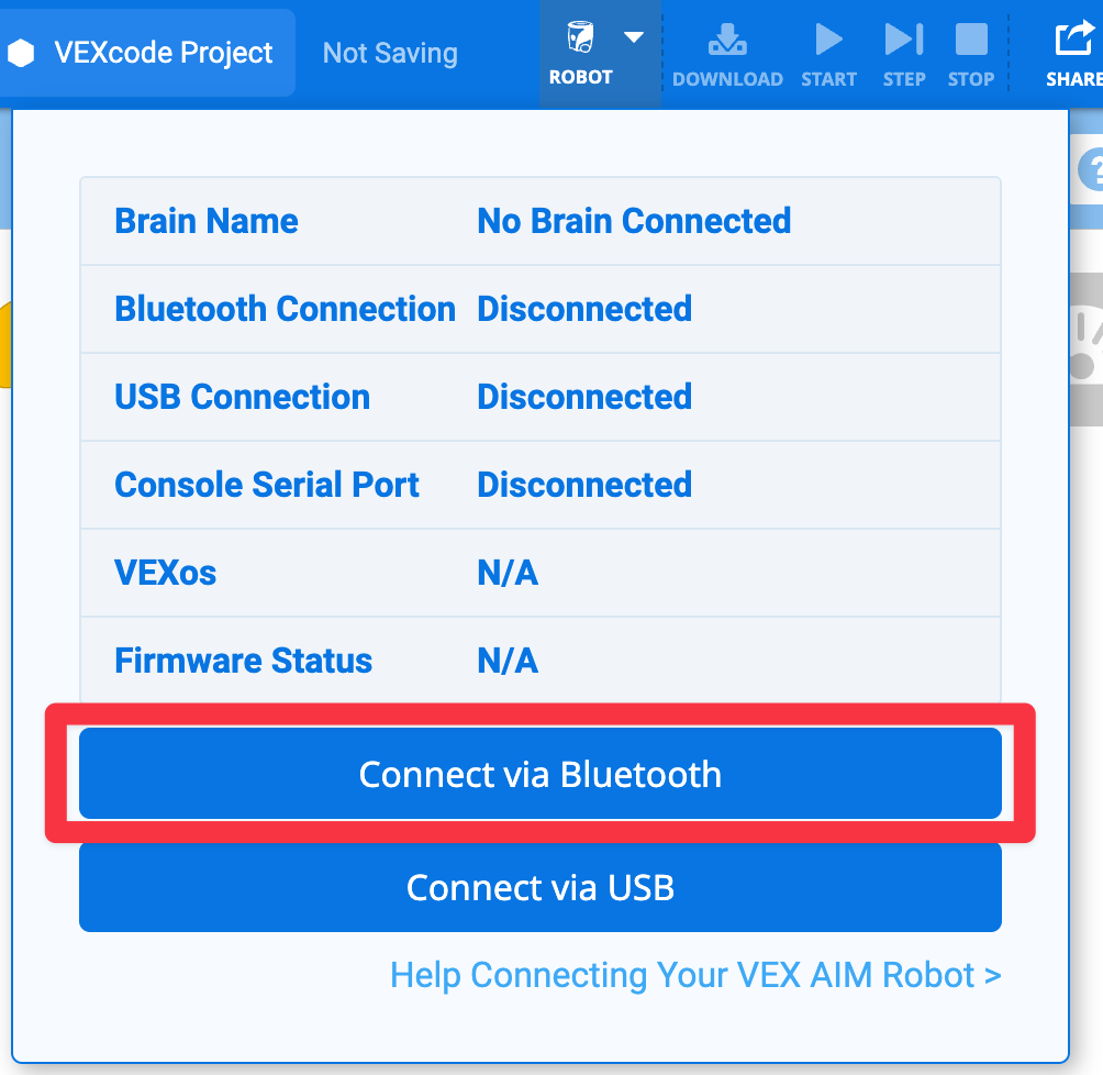 Image of the information that shows when the Robot icon is selected. The button reading Connect via Bluetooth is highlighted, showing which option to choose.