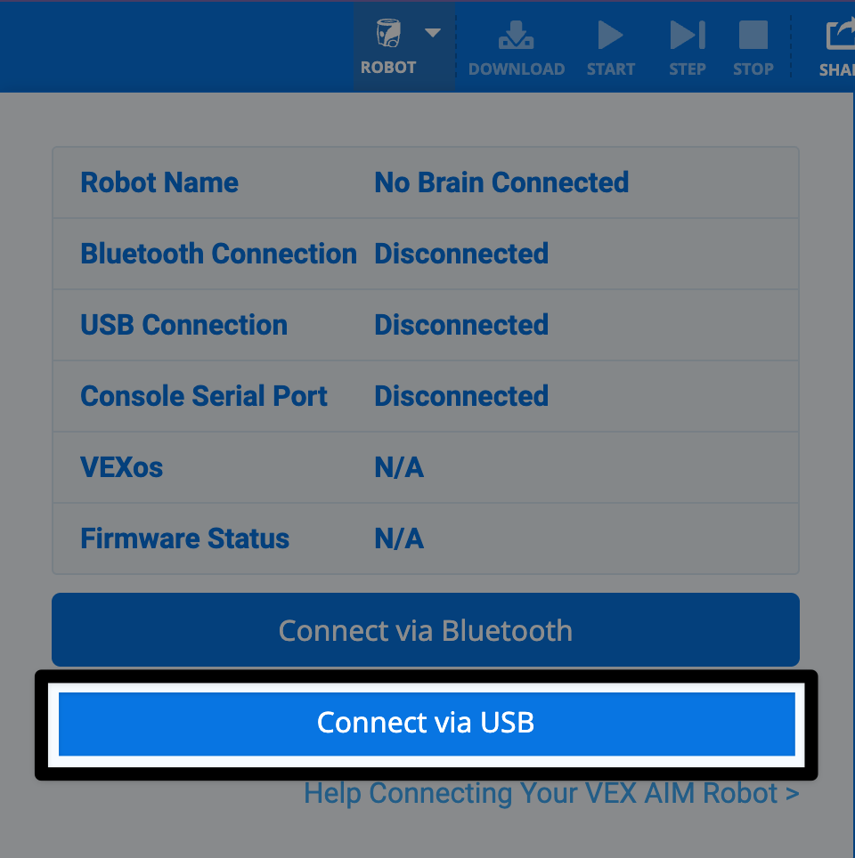 Screenshot of the Robot icon dialog box open, with the Connect via USB button on the bottom highlighted.