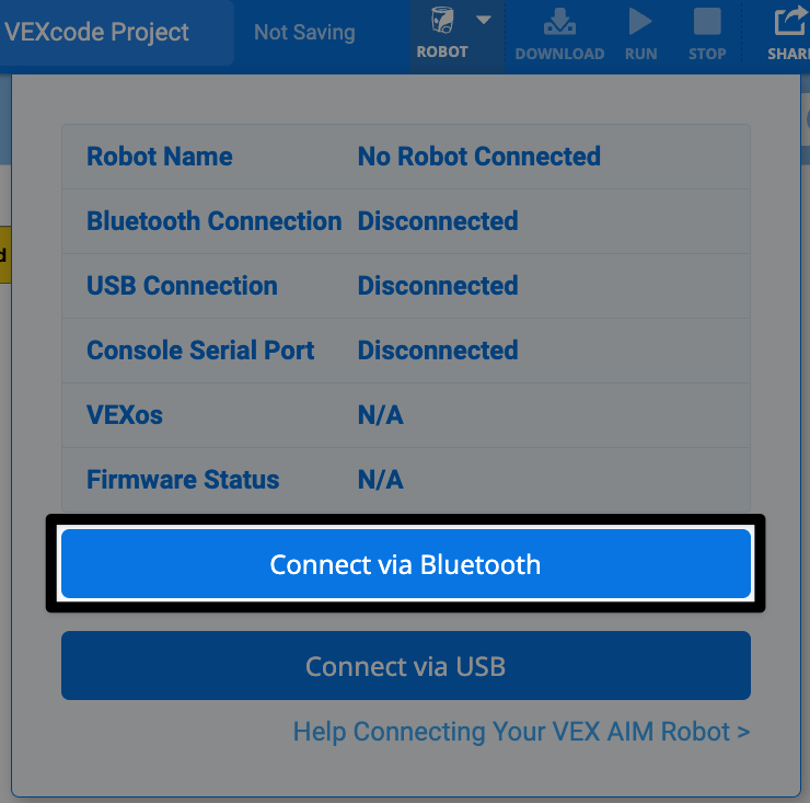 Screenshot of the connection dialog box, with the Connect via Bluetooth button on the bottom highlighted, directly above the Connect via USB button.