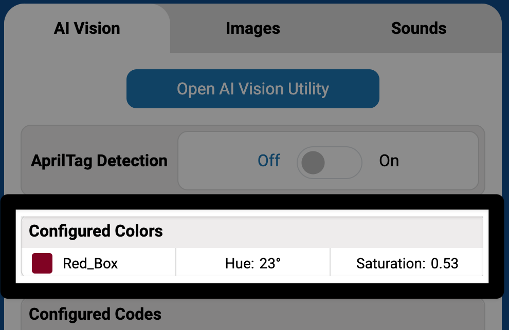 Zoomed in view of the Control Panel in VEXcode AIM with a highlight around the Configured Colors section. Within is a row that matches the color previously configured.