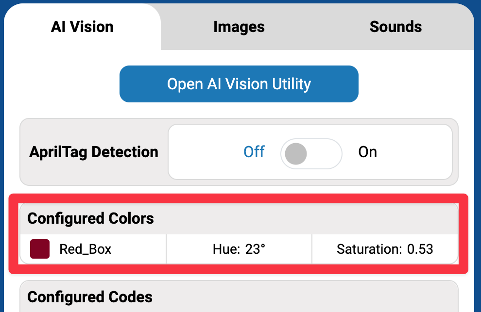Zoomed in view of the Control Panel in VEXcode AIM with a highlight around the Configured Colors section. Within is a row that matches the color previously configured.