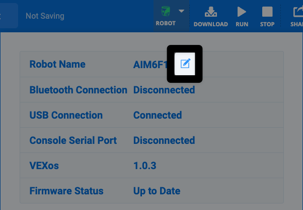 Screenshot of the top of the Robot dialog box, with the pencil icon to the left of the Robot Name on the first row of text highlighted.