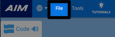 Screenshot of the upper left hand corner of the VEXcode AIM Toolbar, with the File option highlighted to the left of the Tools menu, indicating what to select.