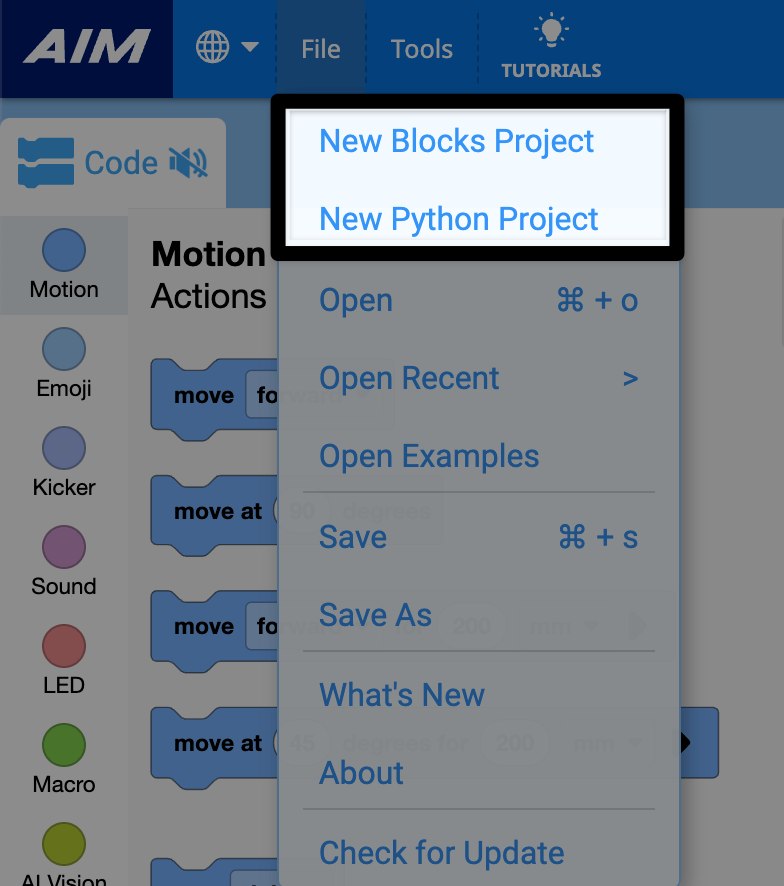The File menu in VEXcode AIM is shown, with the first two options highlighted. They read New Blocks Project and New Text Project.