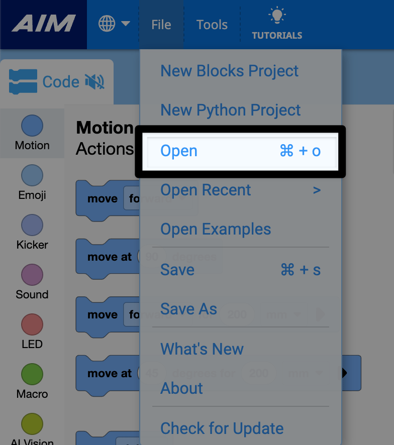 The File menu in VEXcode AIM with the Open option highlighted, beneath the new project options.