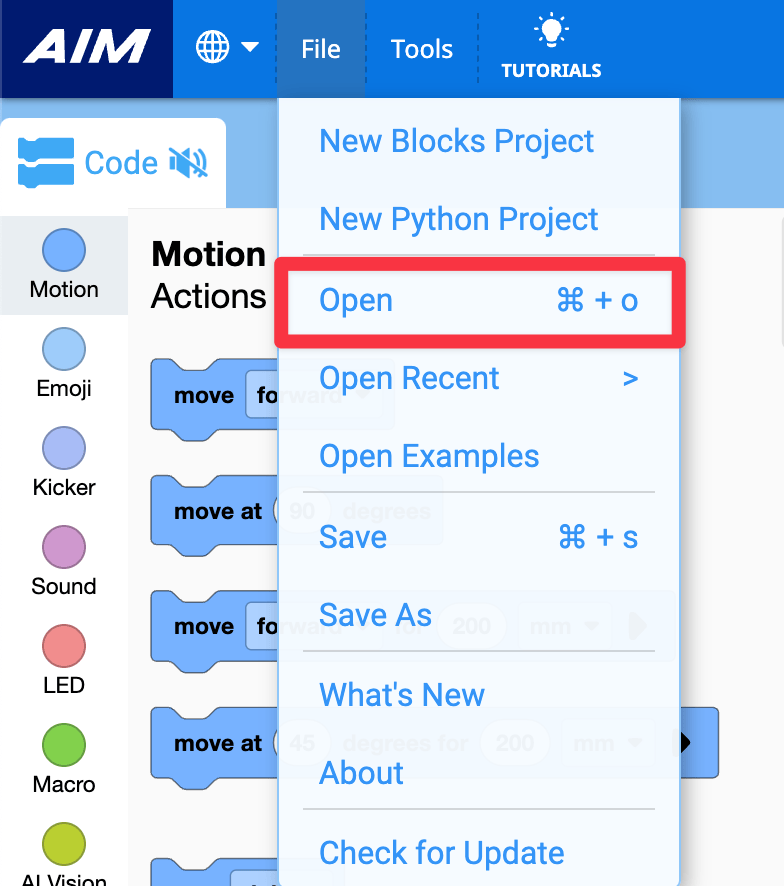 The File menu in VEXcode AIM with the Open option highlighted.