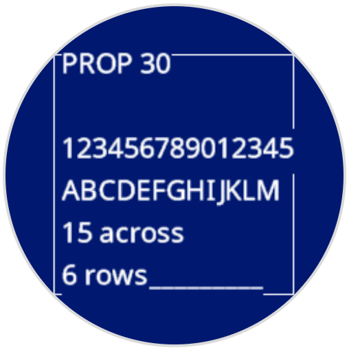 The robot screen printed numbers and letters with PROP 30 font. It shows A-M. On the bottom of the screen, it is 15 across and 6 rows.