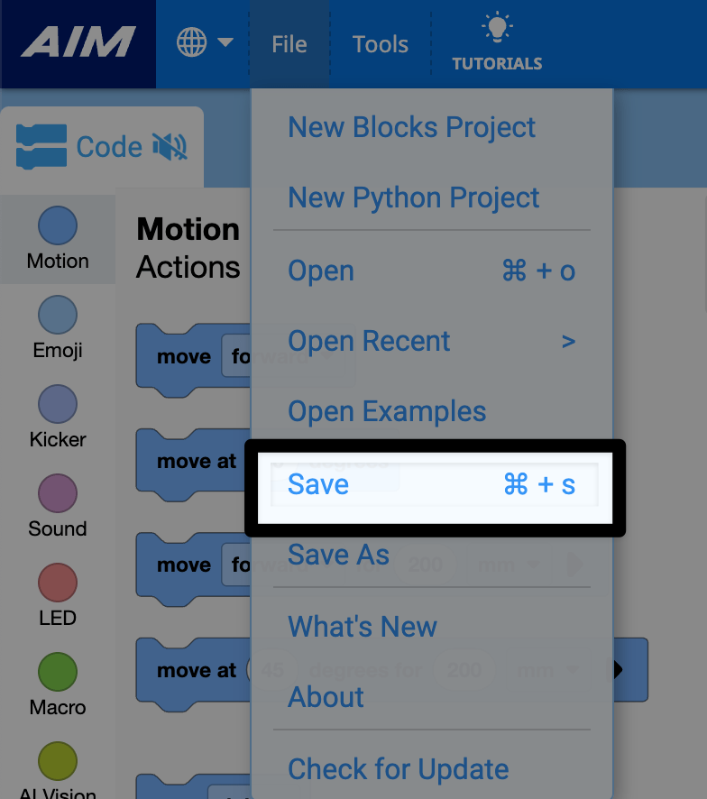 The same File menu in VEXcode AIM, with the Save option highlighted, below the options for opening files.