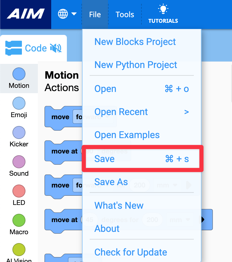 The File menu in VEXcode AIM, with the Save option highlighted.