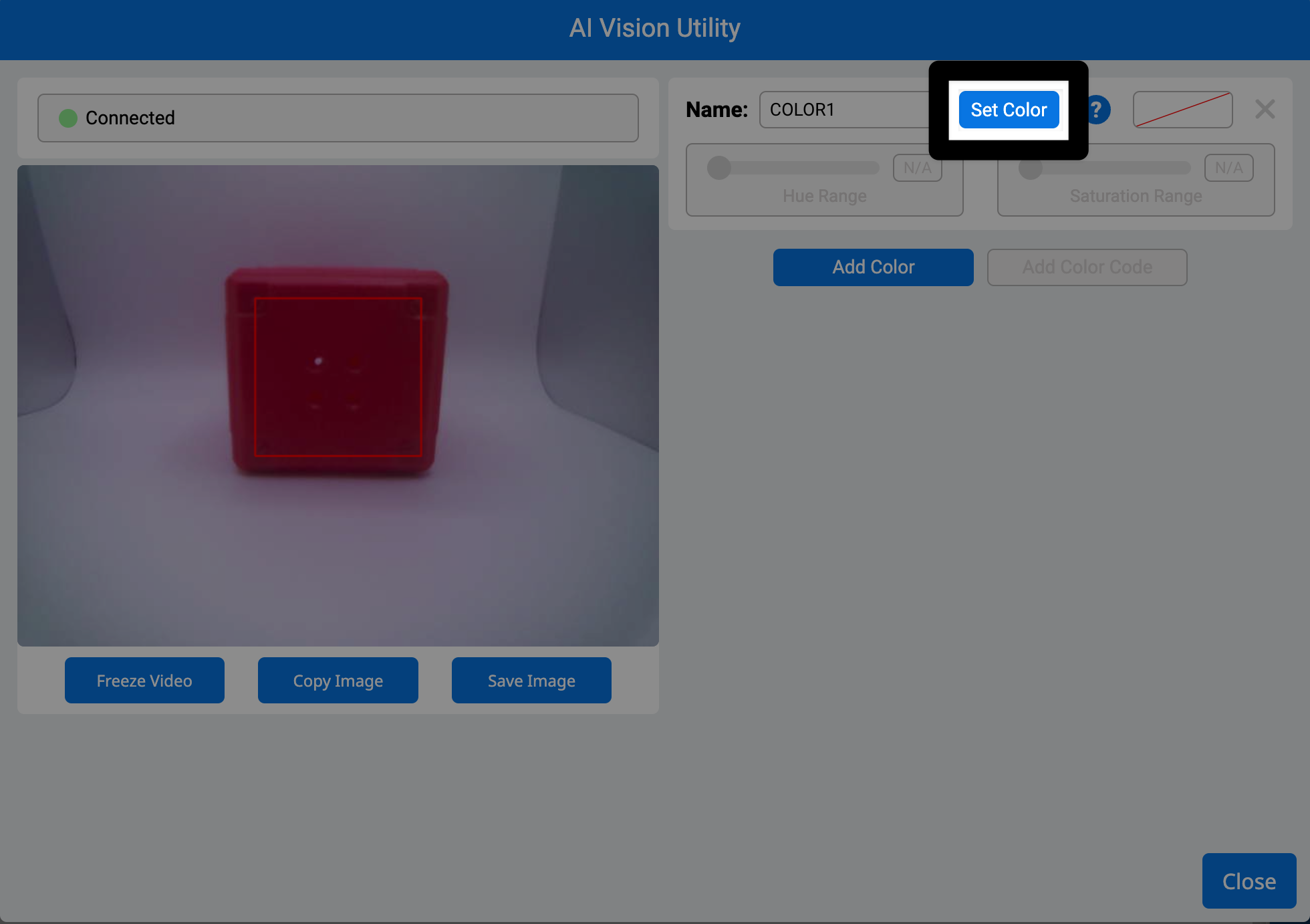 Same Utility as before with a red target box on the red cube, showing where the color was selected. On the right side of the window the Set Color button is highlighted to the right of the color name text box.