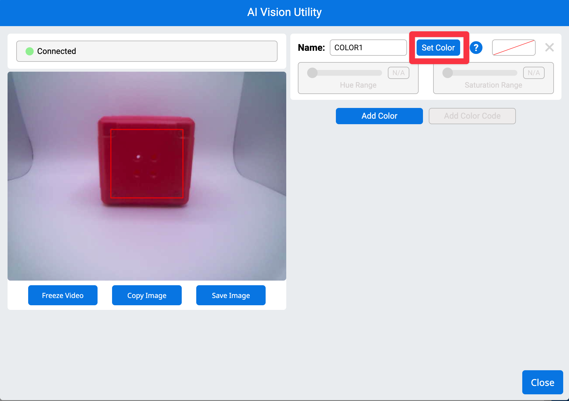 Same Utility as before with a red box on the red cube, showing where the color was selected. On the right side of the window the Set Color button is highlighted.