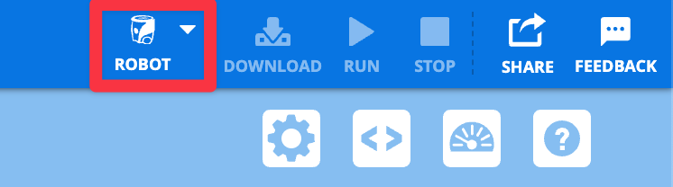 VEXcode AIM with the Robot icon in the upper right hand side of the Toolbar highlighted, showing what to select.