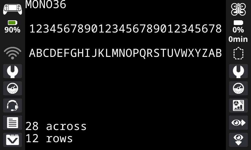 The controller screen printed numbers and letters with MONO 36 font. On the bottom of the screen, it is 28 across and 12 rows.