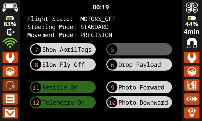 A control interface displaying flight status information and button options for actions like Show AprilTags, Drop Payload, Photo Forward, and Photo Downward.
