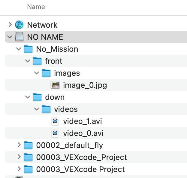 A screenshot of a device's file management system showing the No Name device expanded with all mission data files available in a nested list.
