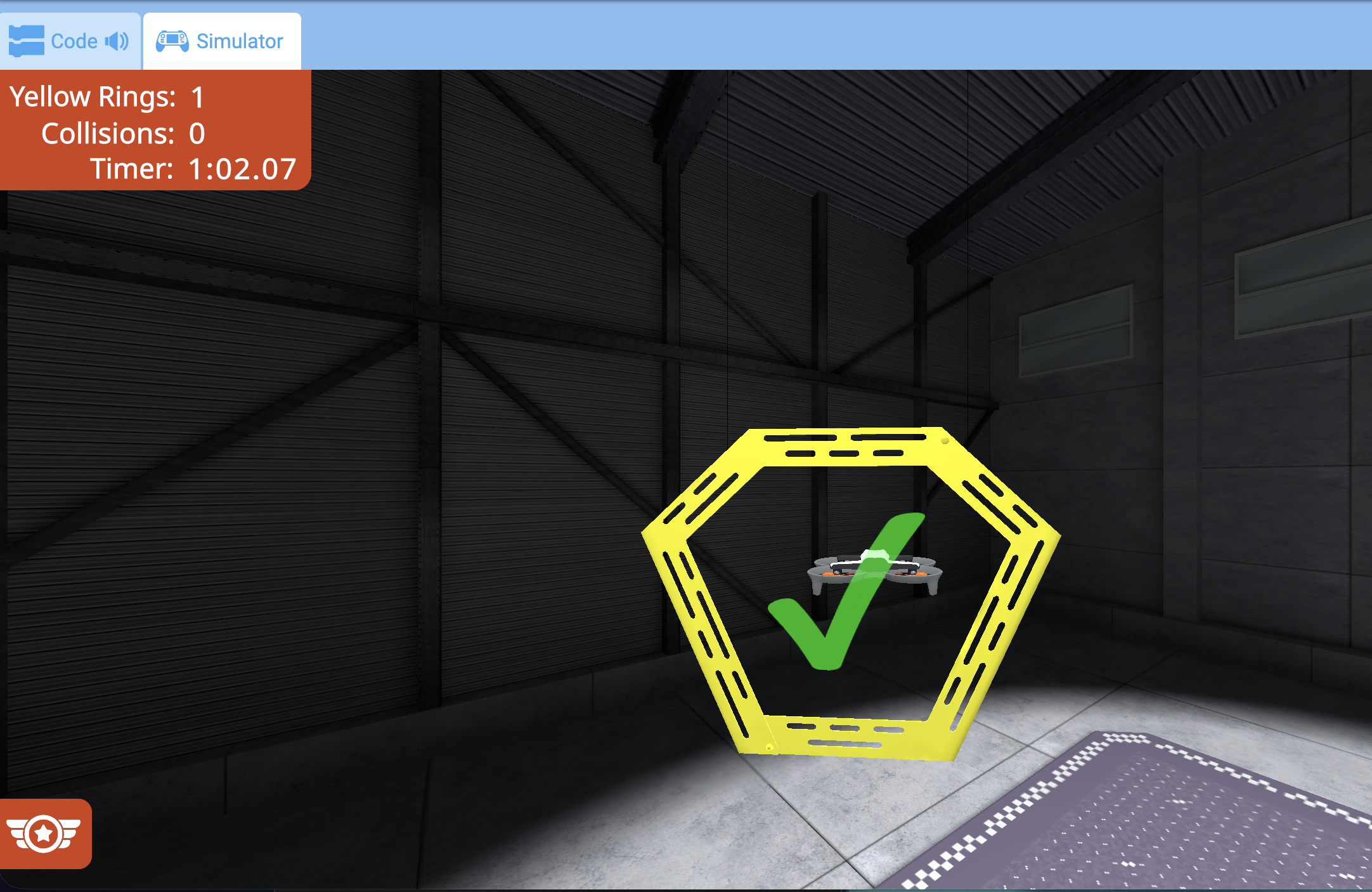 A screenshot during flight showing the drone flying through a highlighted ring with a green checkmark indicating completion, and the metrics updated.