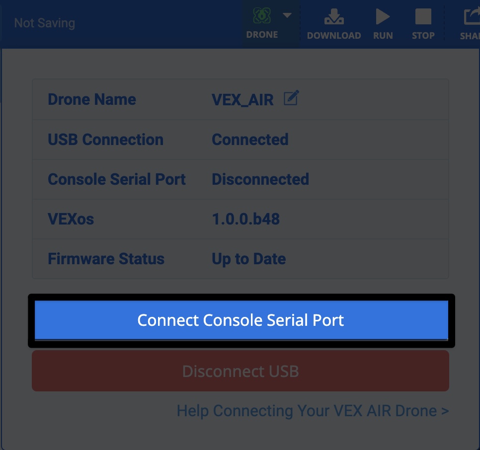 VEX AIR Drone status panel with Connect Console Serial Port button highlighted.