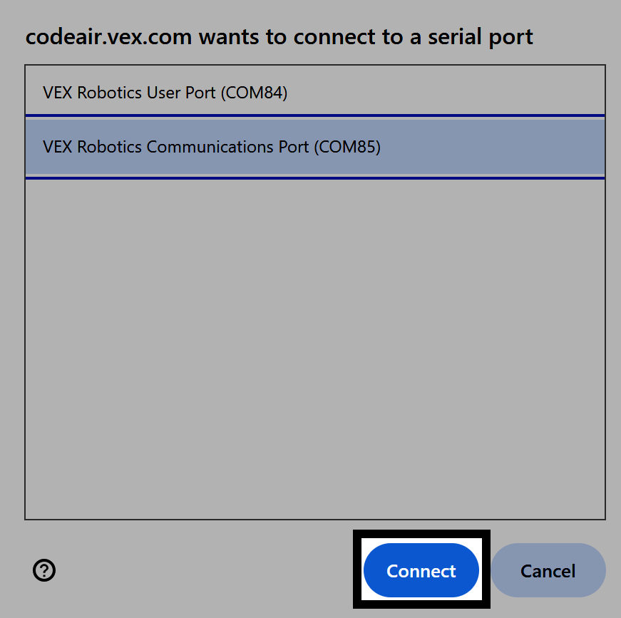 Same as above with connect button highlighted.