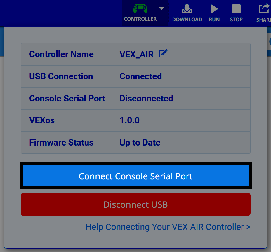 VEX AIR Drone Controller status panel with Connect Console Serial Port button highlighted.