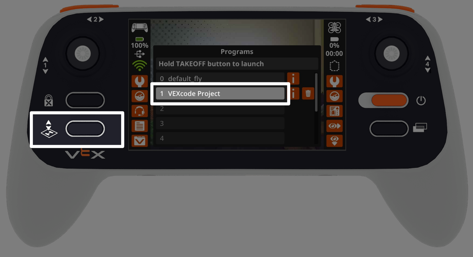 The Controller shows the Programs menu on the screen, with the VEXcode Project in slot 1 highlighted. To the right, the takeoff button is highlighted, indicating what to press to start the project.
