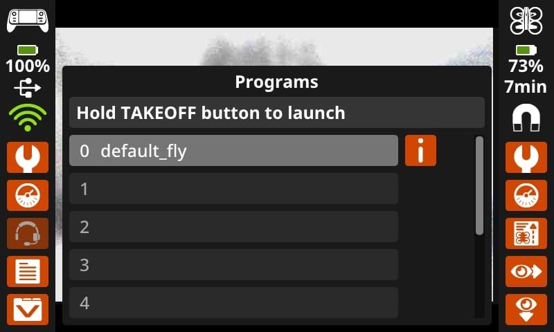 Project Menu showed on the controller. Showing "Hold Takeoff button to launch"