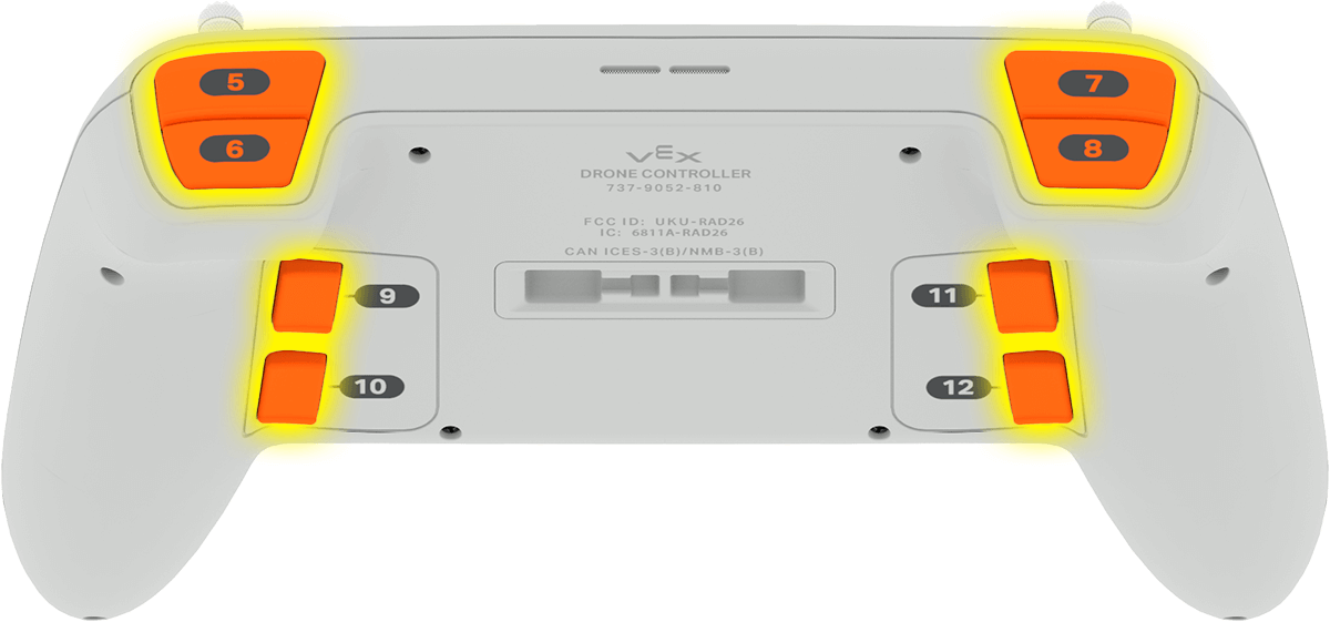 A VEX AIR Controller is facing backward with its 8 orange buttons highlighted yellow.