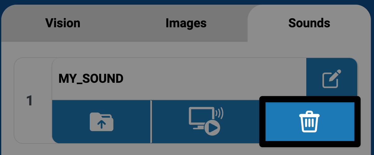 Delete icon in the Sounds tab of the VEXcode AIR Control Panel.