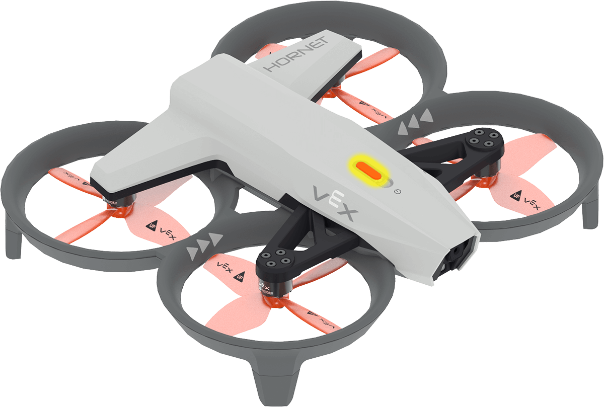 Top view of a VEX AIR Drone  with the LED indicator highlighted in yellow.