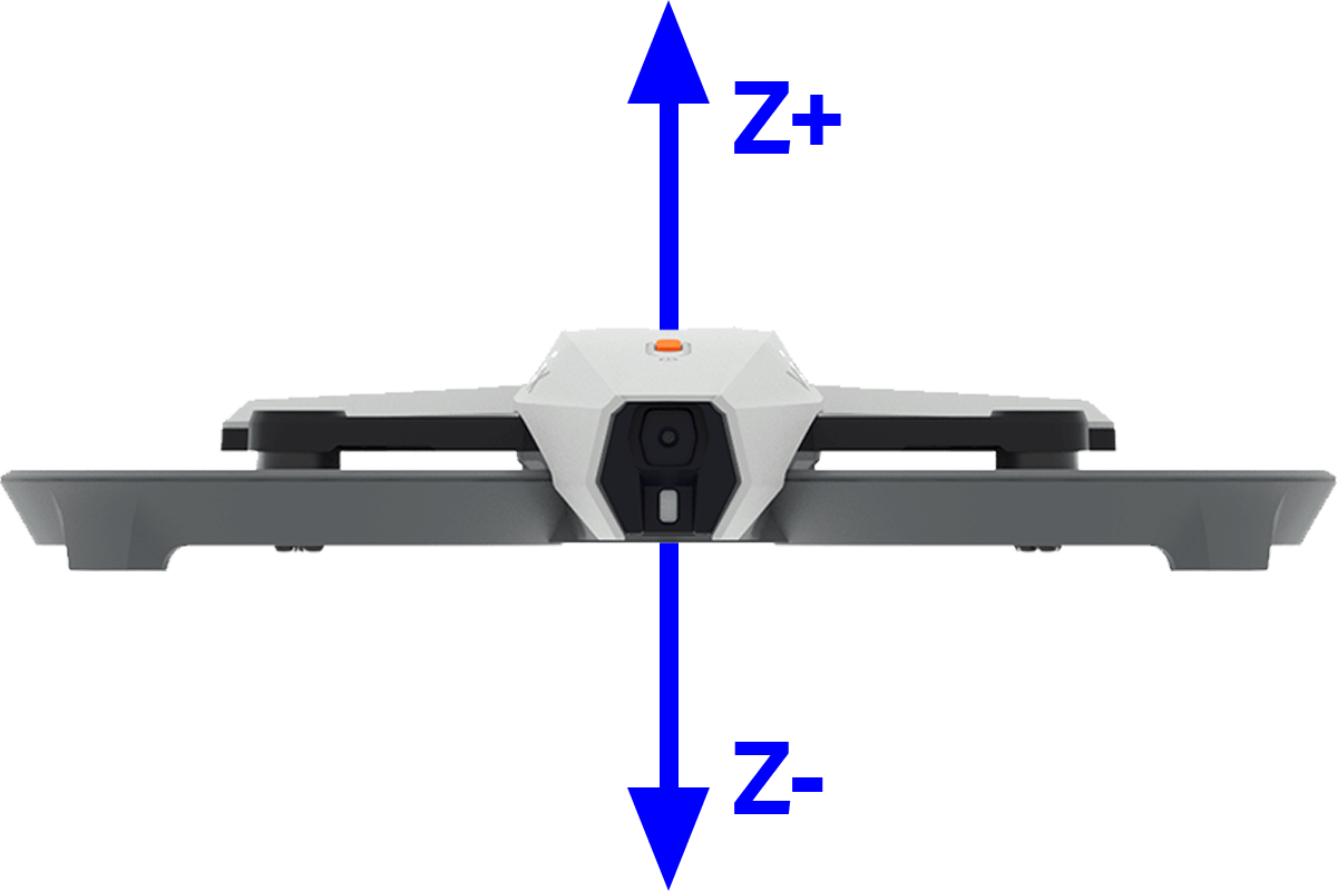 Front view of the VEX drone showing the Z axis: Z+ up and Z− down.