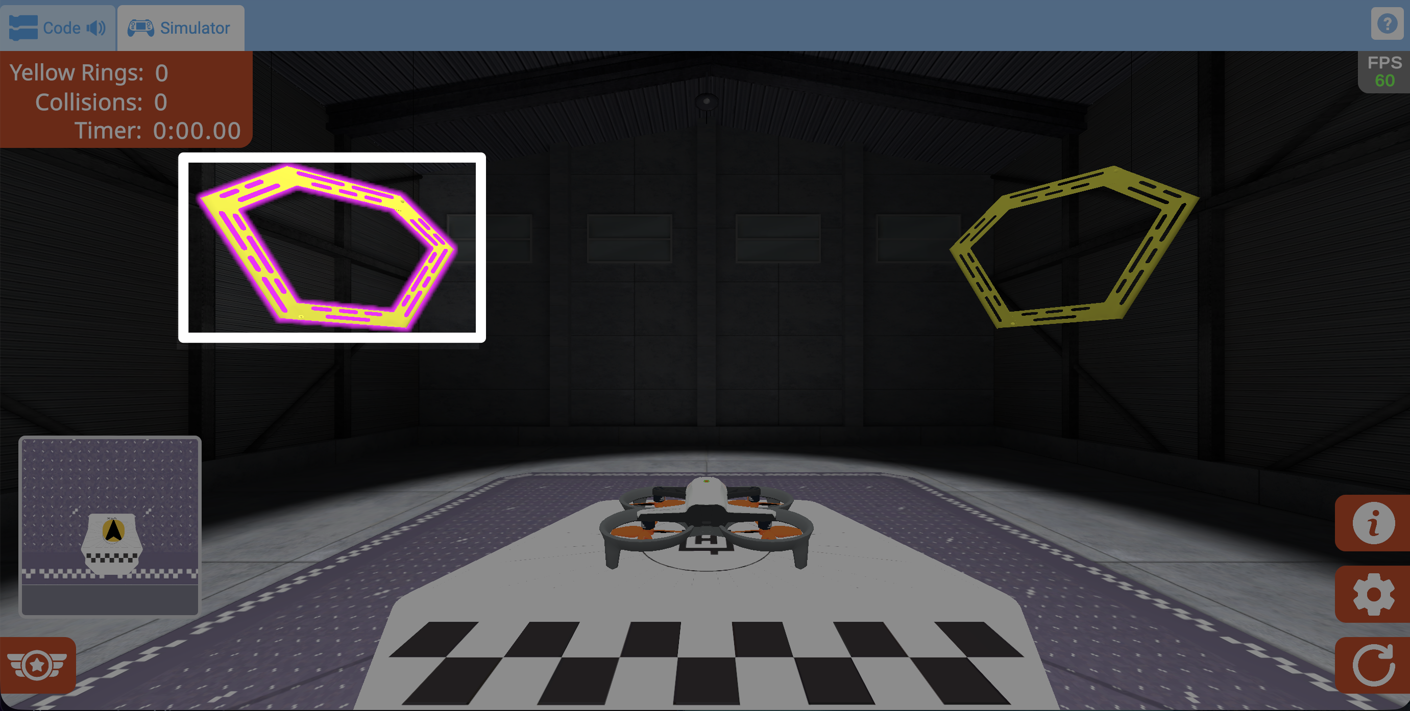 A screenshot from the simulator upon mission start. The drone is on the platform, and two yellow rings are shown on the field. The first ring in the mission path is highlighted.