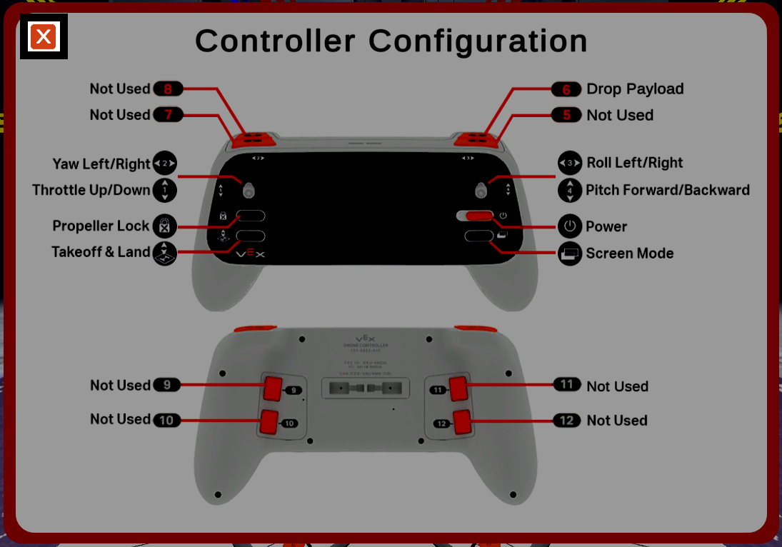 Labeled diagram of a VEX AIR drone controller showing front and back views, with arrows identifying joystick functions, buttons, power, screen mode, payload drop, and unused controls. The X button in the top left is highlighted.