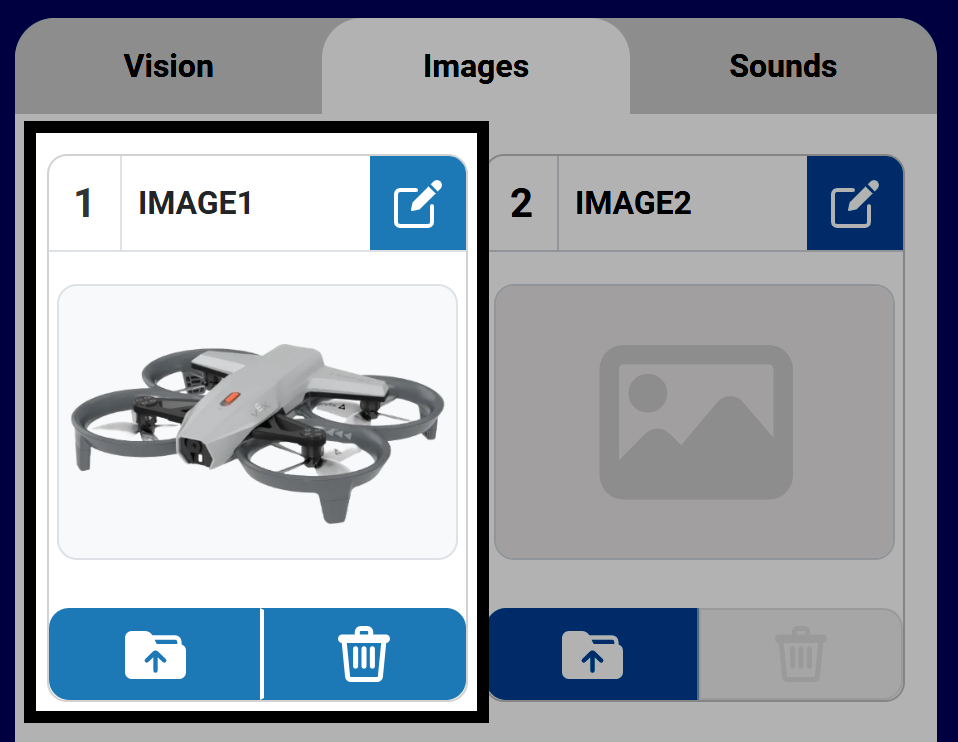Upload icon in the Image tab of the VEXcode AIR Control Panel.