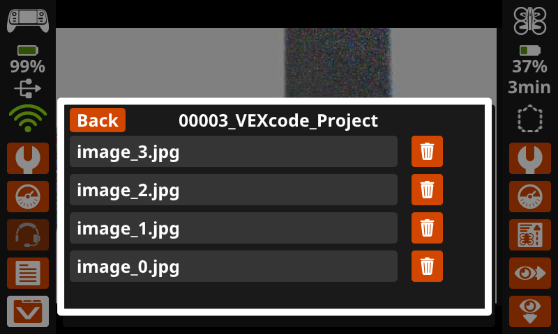 The same image as the one previous with the files for the VEXcode Project mission data listed. To the right of each file name is a trash can icon.