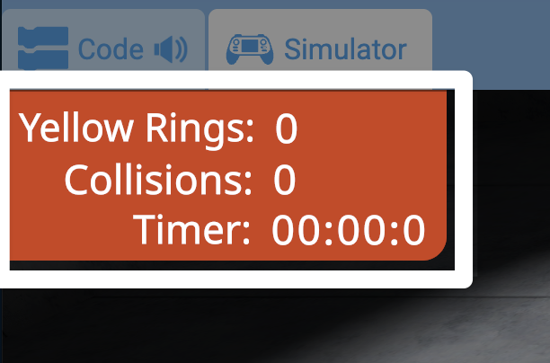 A close up screenshot of the upper left corner of the simulator with the metrics box highlighted showing a counter for rings and collisions, as well as a timer.