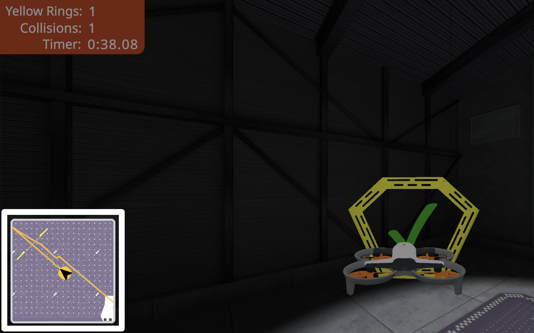 A screenshot during flight with the mini-map feature highlighted in the lower left corner, showing the drone position and a traced flight path line.