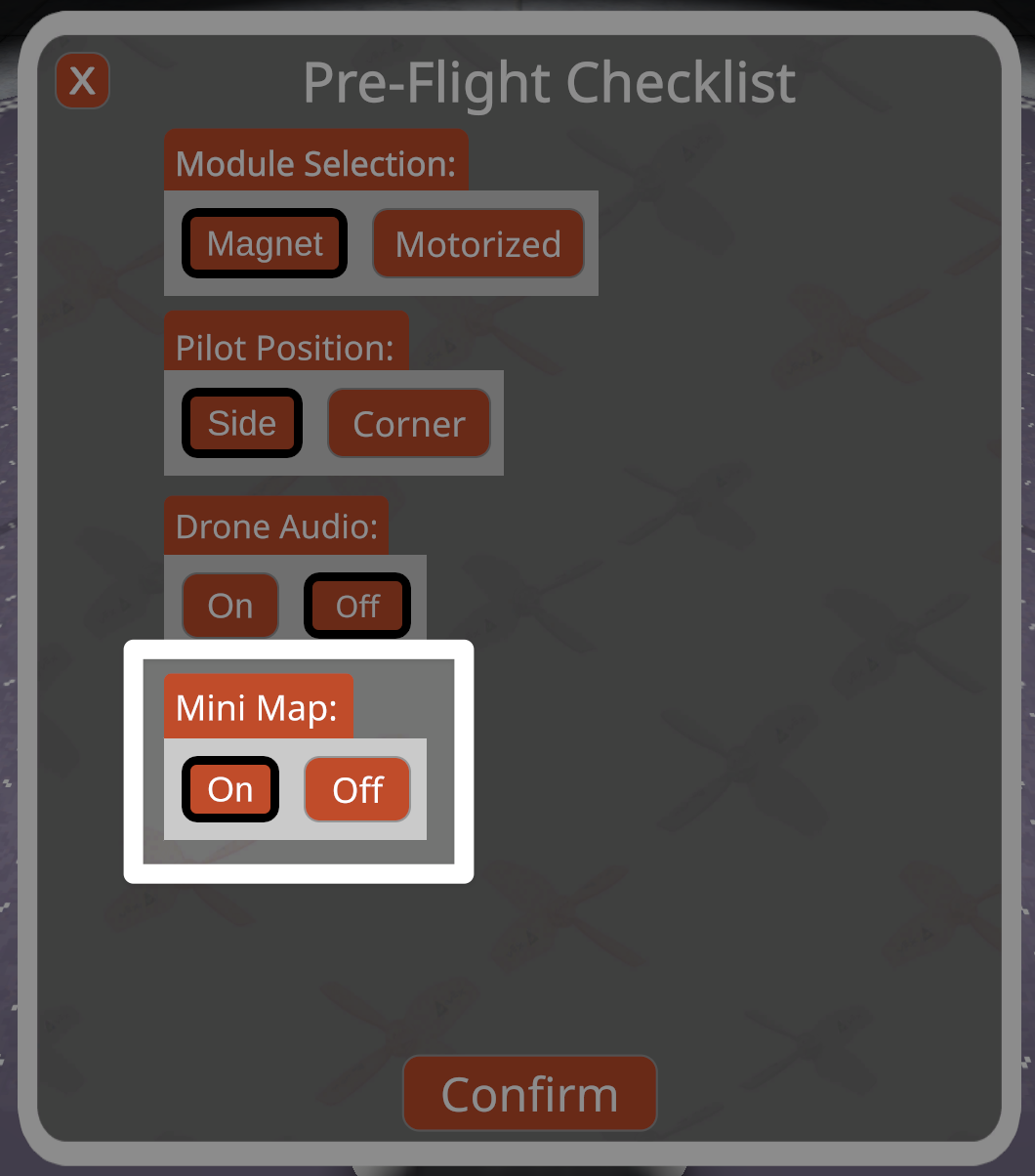A screenshot of the Pre-Flight Checklist with the Mini Map options highlighted and On/Off buttons shown.